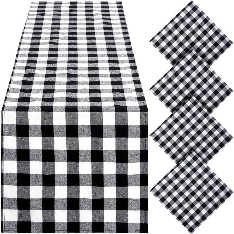 Photo 1 of Buffalo Plaid Christmas Table Runner 14 x 108 Inch Poly-Cotton with 4pcs Plaid Table Napkins for Holiday Decoration (Black and White Plaid)
