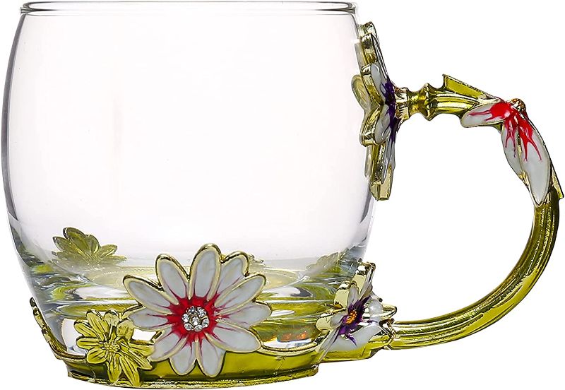 Photo 1 of Cenyye Glass Tea Cup - Coffee Mugs Enamel Daisy Flower Drinking Cups - Unique Gifts for Lady Creative Handmade Crystal Water Cups(Green,11oz)
