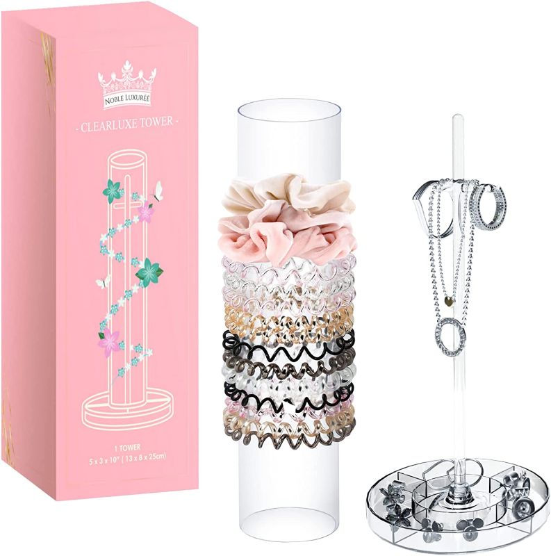Photo 1 of All-In-One Scrunchie Holder Stand and Accessory Organizer, Clear Acrylic Tower Holds Scrunchies, Bracelets, Jewelry, Hair Ties, Accessories, Display Organizer, Fashionable Décor, Removable Tower
