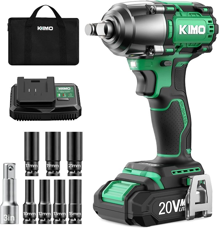 Photo 1 of KIMO Cordless Impact Wrench 1/2", Brushless Impact Driver with 332 ft-lb & Max Torque 3000 RPM, 20V Electric Impact Wrench with 1 Hour Fast Charger & Variable Speeds, 1/2 Impact Gun for Car Home

