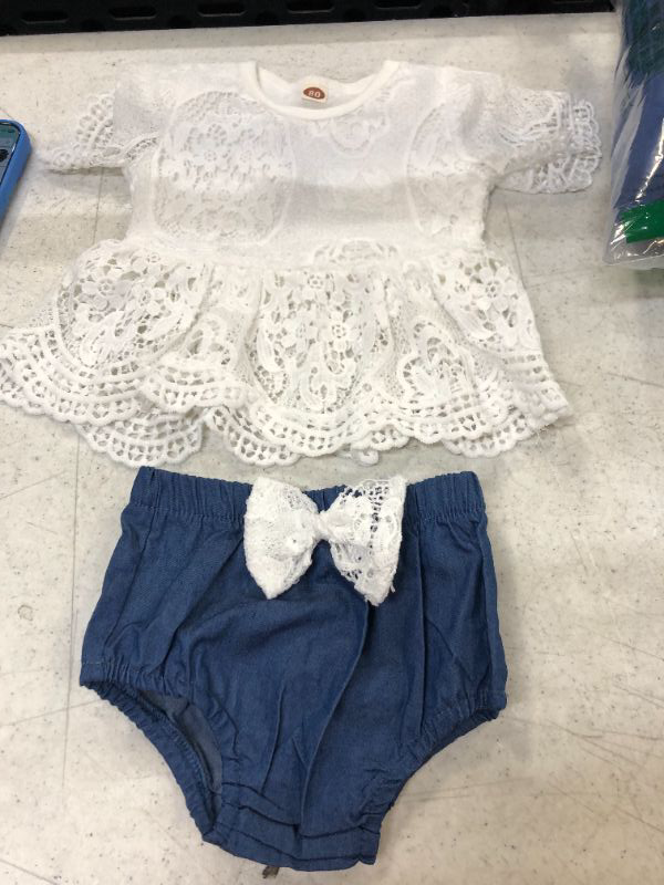 Photo 1 of Infant Baby Girl Fall Outfit Long Sleeve White Lace Romper Top+Ripped Jeans Baby Girl Clothes Set- SIZE 80 (LOOKS LIKE FOR A 1 YEAR OLD 
