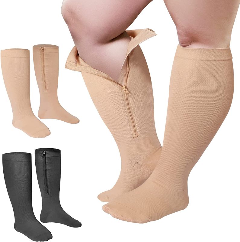 Photo 1 of 4 Pair Wide Plus Size Calf Compression Socks with Zipper for Overweight Women Men - SIZE XL 
