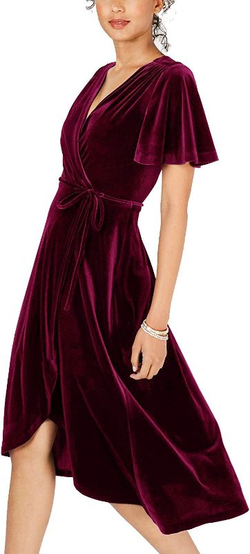 Photo 1 of  Womens Velvet Pleated Wrap Tie Waist Elegant Flowy Party Plus Size Midi Dresses- SIZE S 
