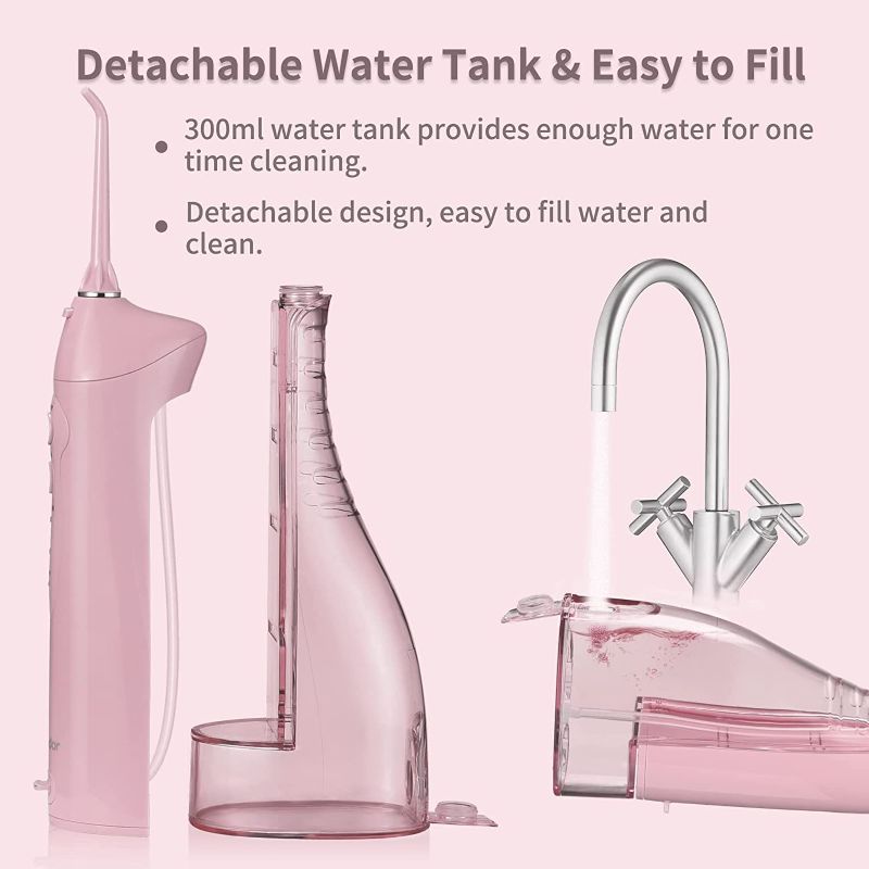 Photo 1 of  Electric Water Flosser, Cordless Dental Oral Irrigator - 3 Modes, 3 Tips for Family Hygiene (300ML, Waterproof Waterflosser) (Pink)