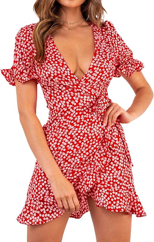 Photo 1 of Relipop Women's Dresses Floral Print Deep V-Neck Short Bell Sleeve Ruffle Wrap Tie Knot Fishtail Short Dress- SIZE S 
