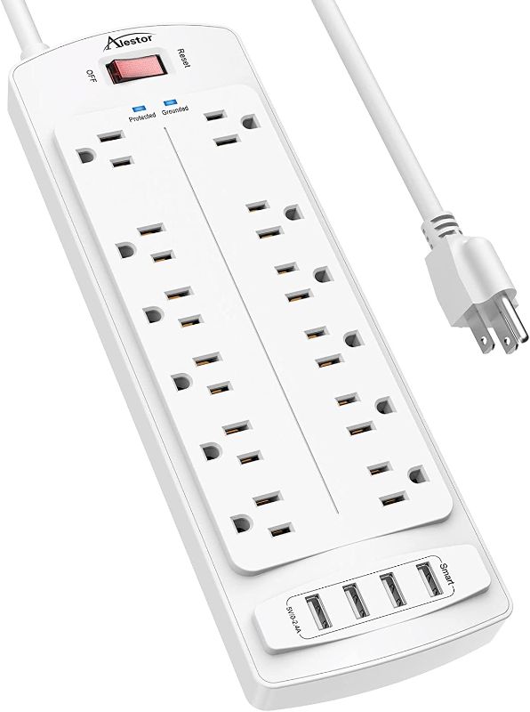 Photo 1 of Power Strip ,ALESTOR Surge Protector with 12 Outlets and 4 USB Ports, 6 Feet Extension Cord (1875W/15A) for for Home, Office, Dorm Essentials, 2700 Joules, ETL Listed (White)…
