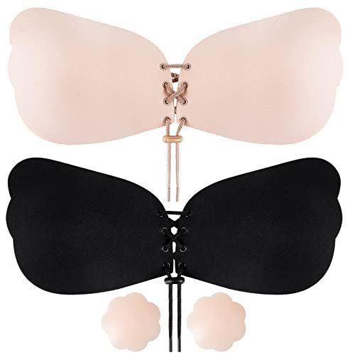 Photo 1 of Push Up Sticky Bra Invisible Silicone Self Adhesive Bra Strapless Sticky Invisible Push up Silicone Bra for Backless Dress with Nipple Covers Nude (Black&Beige, D)