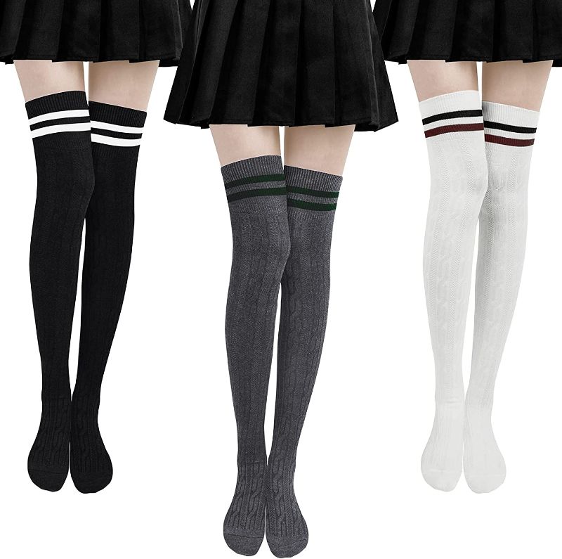 Photo 1 of chalier womens thigh high socks cotton striped over the knee socks long knee high socks for women (3 pairs)