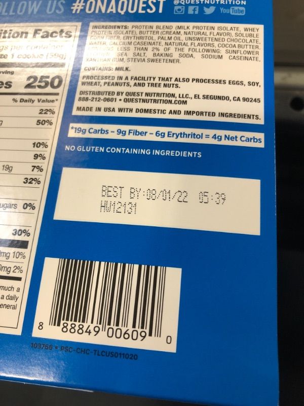Photo 1 of Quest Nutrition Chocolate Chip Protein Cookie, Keto Friendly, High Protein, Low Carb, Soy Free, 12 Count "Packaging may vary" 6 PACK --- BEST BY AUGUST 2022