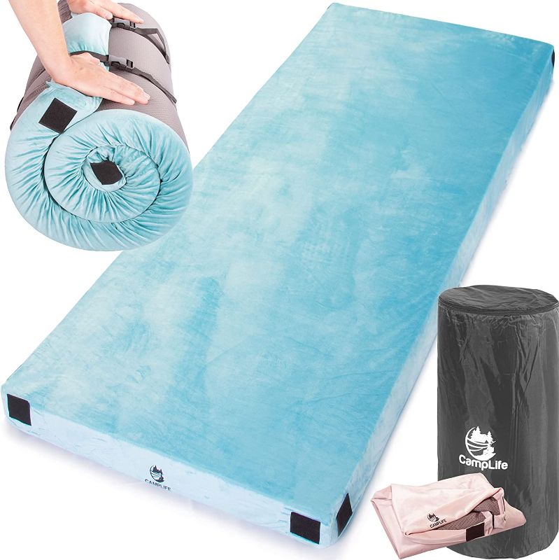 Photo 1 of Camplife Certipur-US Memory Foam Sleeping Mattress Most Comfortable Camping Mattress with Carry Bag Travel Strap Removable Waterproof Cover Roll Out Sleeping Pad Floor Bed (Single - 75" x 30" x 3")
