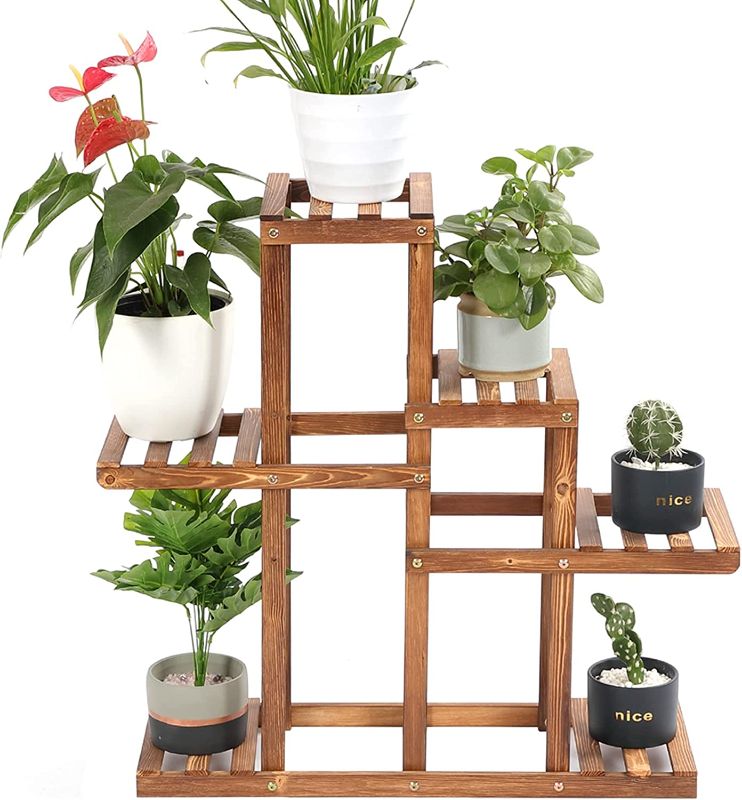 Photo 1 of 5 Tier Plant Stand - High Low Flower Pot Holder Wooden Shelf Display Rack for Multiple Plants Indoor Outdoor
