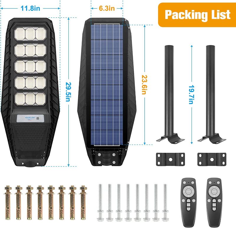 Photo 1 of 300W Solar Street Light, 2 Light Set Motion Sensor Dusk to Dawn 15000LM Solar Lights Outdoor with Remote Control, IP65 Waterproof Flood Security Light for Yard, Driveway, Garden, Parking Lot, Garage
