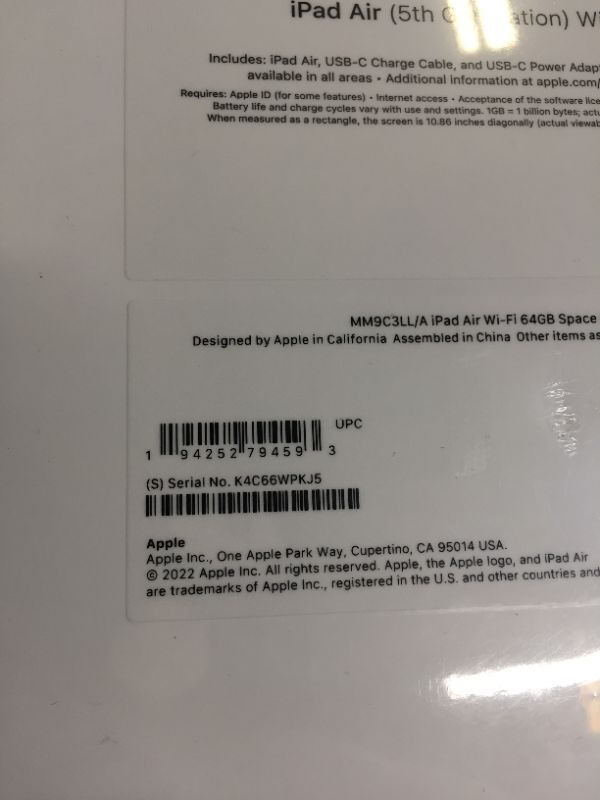 Photo 5 of 2022 Apple iPad Air (10.9-inch, Wi-Fi, 64GB) - Space Gray (5th Generation) (FACTORY SEALED BRAND NEW)
