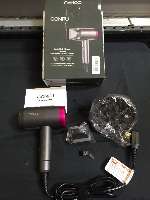 Photo 2 of Ionic Hair Dryer, CONFU 1800W Portable Lightweight Blow Dryer, Fast Drying Negative Ion Hairdryer Blowdryer, 3 Heat Settings & Infinity Speed, with Diffuser and Concentrator Nozzle for Home & Travel (HAIR ON ITEM FROM PRIOR USE)
