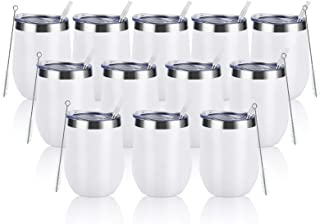 Photo 1 of 12 Pack Stainless Steel Wine Tumblers, 12Oz Double Wall Vacuum Insulated Wine Tumblers with Lids and Straws, Stainless Steel Stemless Wine Glasses for Coffee, Wine, Cocktails, Champaign, White (MAJOR CRACKS AND DAMAGES TO 6 CUPS)
