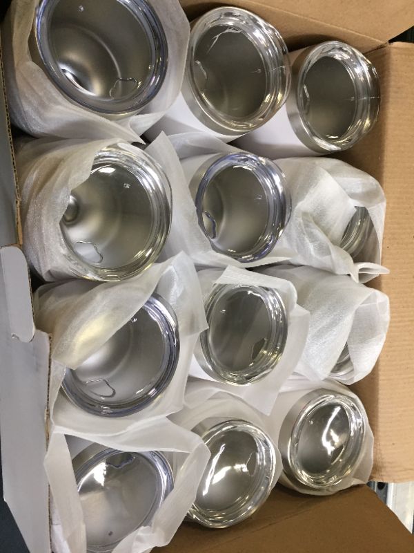 Photo 2 of 12 Pack Stainless Steel Wine Tumblers, 12Oz Double Wall Vacuum Insulated Wine Tumblers with Lids and Straws, Stainless Steel Stemless Wine Glasses for Coffee, Wine, Cocktails, Champaign, White (MAJOR CRACKS AND DAMAGES TO 6 CUPS)
