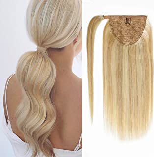 Photo 1 of Lacer Balayage Ponytail Extension Clip in Ponytail Hair Extensions Human Hair Wrap Around Ponytail Long Straight Highlight Ash Blonde Ponytail Hairpiece Pony Tails Hair Extensions for Women 16 Inch
