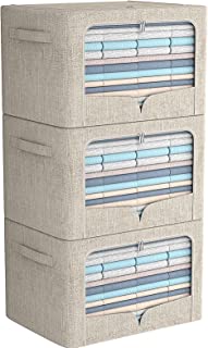 Photo 1 of 3 Pack Clothes Storage Bins - Foldable Metal Frame Storage Box - Stackable Linen Fabric Container Organizer Set with Carrying Handles and Clear Window (Beige, 19.7x15.7x12.6inch(66L))
