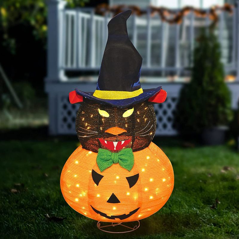 Photo 1 of FLAGMESAGE Pre-lit Light Up Halloween Black Cat and Jack O' Lantern Pumpkin Collapsible Holiday Decor for Home Indoor and Outdoor Halloween Party Holiday Party Garden Patio Yard Pathway Lawn [ 2 PK ] FACTORY SEALED 
