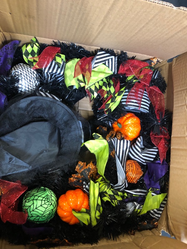 Photo 2 of FLASH WORLD 24 Inch Witch Halloween Wreath,Hat Legs Pumpkin Door Decorations, Artificial Handmade Wreath for Front Door or Indoor Wall Décor to Celebrate Halloween
