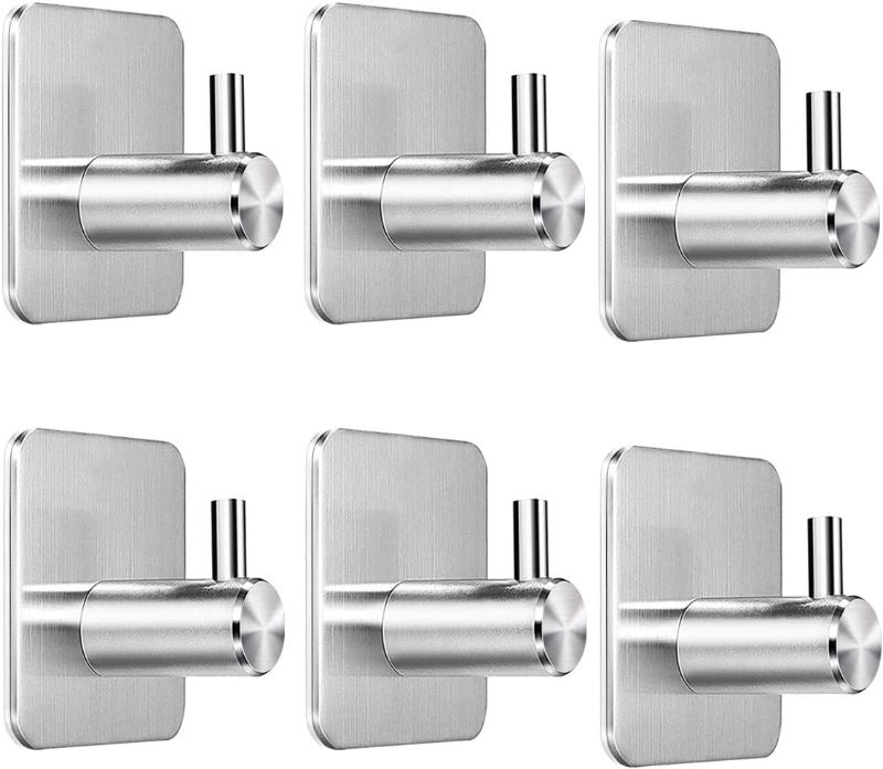 Photo 1 of Adhesive Hooks, Waterproof Wall Hooks for Hanging, No Drilling Heavy Duty Wall Hangers and Towel Hanger, Stainless Steel Sticky Hooks for Bathroom Kitchen Bedroom - 6 Packs
