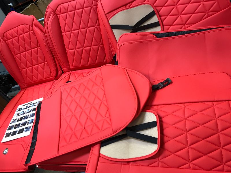 Photo 2 of ZCJ XLX002 LEATHER CAR SEAT  COVERS FAUX LEATHER  AUTOMOTIVE  VEHICLE  CUSHION COVER  FOR CARS SUV PICK UP TRUCK UNIVERSAL FIT SET AUTO INTERIOR ACCESSORIES [ RED ] 