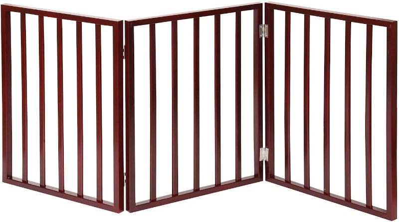 Photo 1 of HOME DISTRICT Dog Gate Freestanding Pet Gate 4-Panel & 3 Panel Pet Gate for Dogs Folding Dog Gate Quadfold & Trifold Pet Gate for Small Dogs Decorative Pet Gate for Dogs Indoor, Mahogany Slat 54"x 24"
