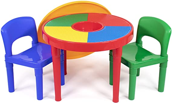 Photo 1 of Humble Crew, Red/Green/Blue Kids 2-in-1 Plastic Building Blocks-Compatible Activity Table and 2 Chairs Set, Round, Primary Colors