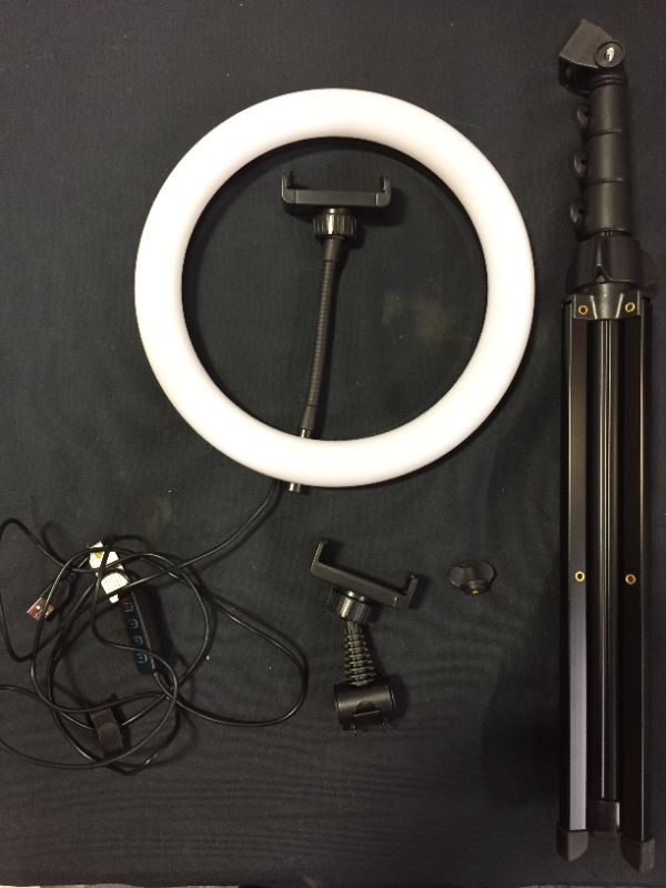 Photo 1 of 10" LED Ring Light with Tripod Stand 67" and 2 Phone Holders, Phone and Camera Tripod for Live Streaming/TikTok/Makeup/Photography, Compatible with Almost Smartphones DAMAGE TO BOX DUE TO EXPOSURE!