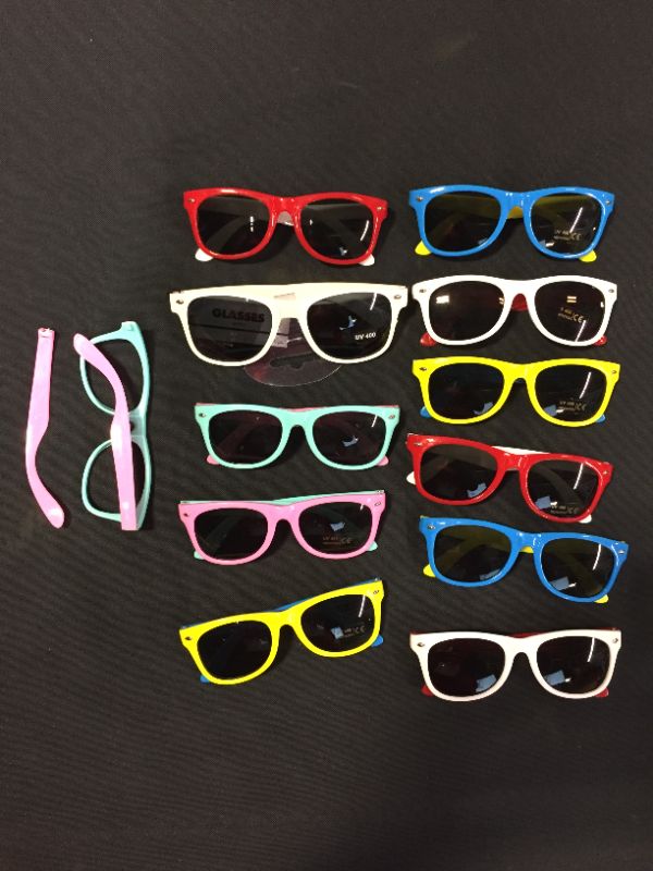 Photo 1 of 12 PCS 5 INCH TODDLER UV SUNGLASSES , MIXED COLORS!  BROKEN ARM ON ONE GLASSES