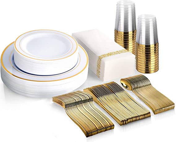 Photo 1 of 175 Piece Gold Dinnerware Set - 50 Gold Rim Plastic Plates - 25 Gold Plastic Silverware - 25 Gold Plastic Cups - 25 Linen Like Gold Paper Napkins, 25 Guest Disposable Gold Dinnerware Set
THIS SET WAS PREVIOUSLY OPENED... MISSING PIECES...DAMAGE BOX DUE TO