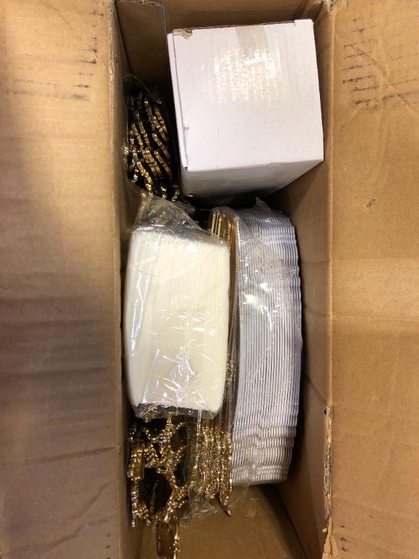 Photo 1 of 175 Piece Gold Dinnerware Set - 50 Gold Rim Plastic Plates - 25 Gold Plastic Silverware - 25 Gold Plastic Cups - 25 Linen Like Gold Paper Napkins, 25 Guest Disposable Gold Dinnerware Set
THIS SET WAS PREVIOUSLY OPENED... MISSING PIECES...DAMAGE BOX DUE TO