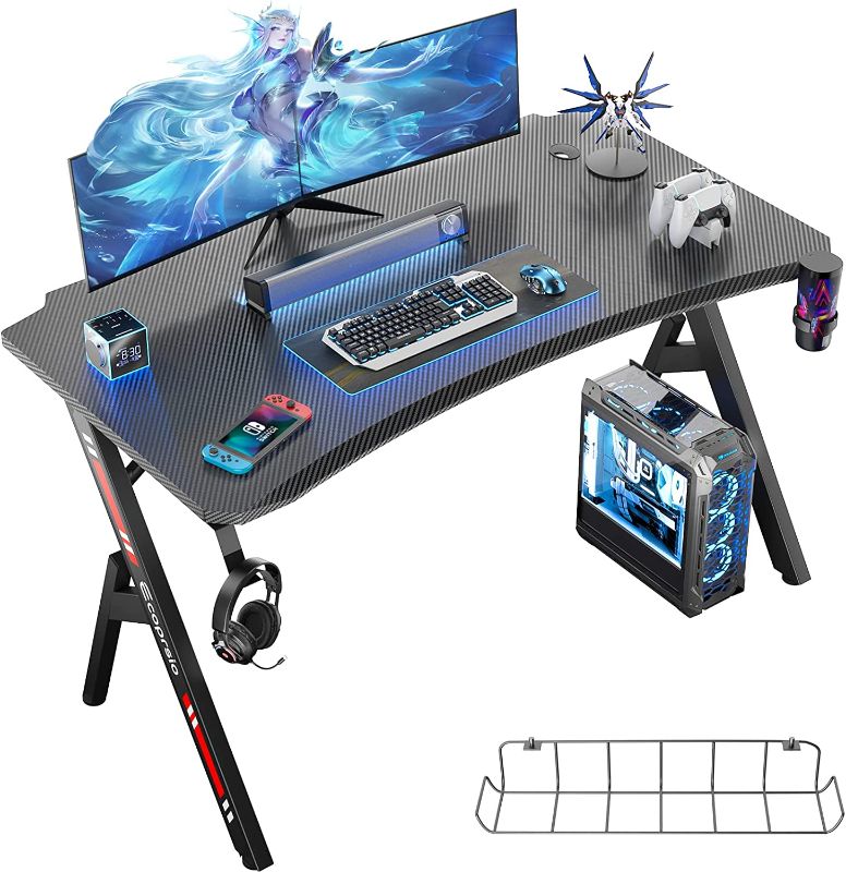 Photo 1 of Ecoprsio Gaming Desk, 47 Inch Gaming Computer Desk with Carbon Fiber Desktop, Large Y Shaped Gamer Desk with Cup Holder and Headphone Hook, 47.2'' Game Desk Table for Gamer Room, Workstation, Bedroom
