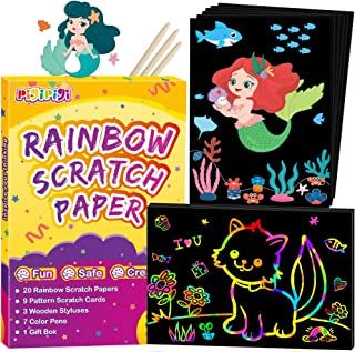 Photo 1 of Girls Art and Craft Gifts: 2 Styles Rainbow Scratch Off Paper Art Set for Kids Color Doodle Drawing Supply Kit Board Note Pad Pack Boys Teens for Party Halloween Birthday Activity Game Toy