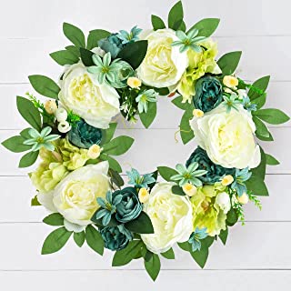 Photo 1 of Atwillyee Spring Wreaths for Front Door, 16 inch Flower Peony Wreath Green White Wreath for Outdoor Outside Wedding Wall Door Party Home Decoration
