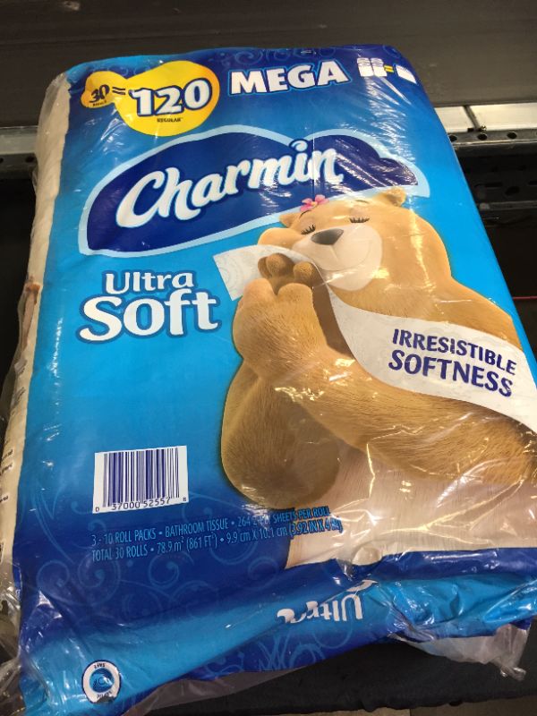 Photo 2 of Charmin Ultra Soft Toilet Paper, 30 Mega Rolls
(MINOR DAMAGES TO PACKAGING FROM EXPOSURE)