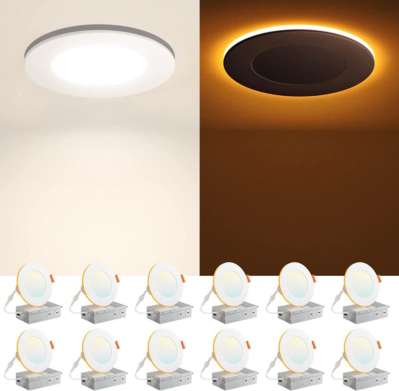 Photo 1 of Amico 12 Pack 4 Inch 5CCT LED Recessed Ceiling Light with Night Light, 2700K/3000K/3500K/4000K/5000K Selectable Ultra-Thin Recessed Lighting, 10W=90W, 700LM, Dimmable Canless Wafer Downlight - ETL&FCC
