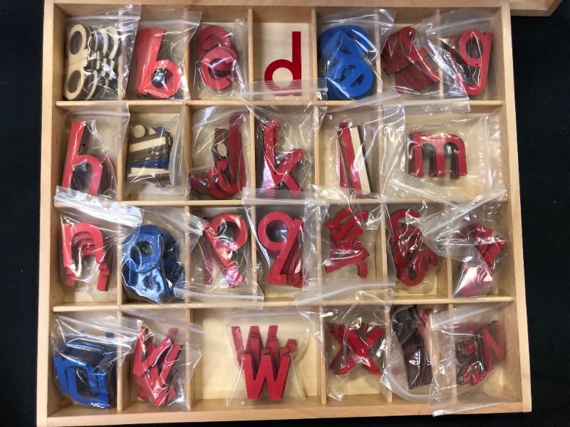 Photo 2 of MEYOR Montessori Wooden Movable Alphabet with Box Preschool Spelling Learning Materials Large Movable Alphabet (Red & Blue)
