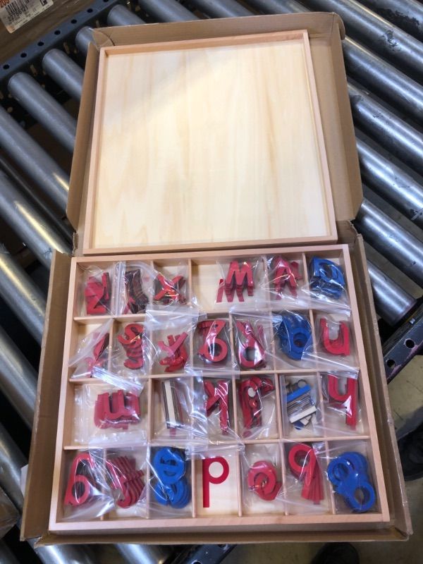 Photo 4 of MEYOR Montessori Wooden Movable Alphabet with Box Preschool Spelling Learning Materials Large Movable Alphabet (Red & Blue)
