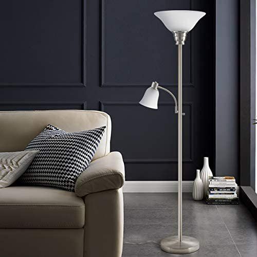 Photo 1 of 
Oneach Ronald Torchiere Floor Lamp with Reading Light Silver Metal Standing Mother/Daughter Torch Lamps with Frosted Glass Shade for Living Room, Bedroom, Nickel Plated Finish
