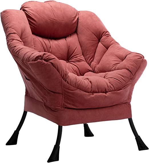 Photo 1 of AcozyHom Modern Large Cotton Fabric Lazy Chair?Accent Contemporary Lounge Chair, Single Steel Frame Leisure Sofa Chair with Armrests and A Side Pocket, Brick Red
