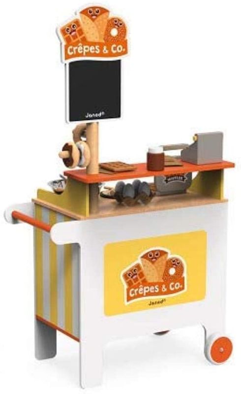 Photo 1 of Janod Crepes & Co Waffle Wooden Food Vendor Cart Stand Playset Toy with 40 Accessories for Imagination Play for Ages 3+ (J06587)
