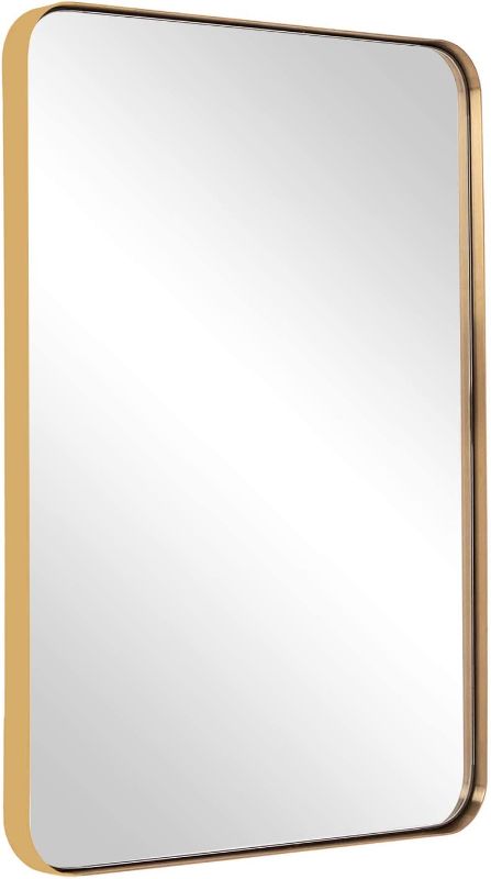 Photo 1 of ANDY STAR 30”x40”Gold Bathroom Mirror for Wall, Brushed Brass Metal Rounded Corner Rectangle Mirror, Wall Mirror in Stainless Steel Metal Frame, 1”Deep Set Design Hangs Horizontal Or Vertical
