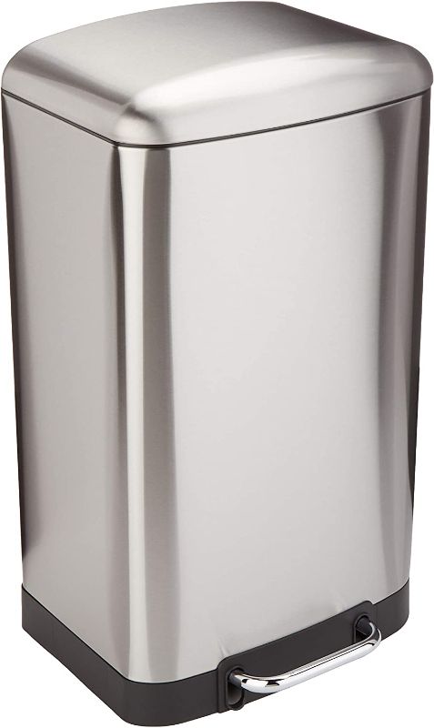 Photo 1 of Amazon Basics 40 Liter / 10.5 Gallon Soft-Close, Smudge Resistant Trash Can with Foot Pedal - Brushed Stainless Steel
