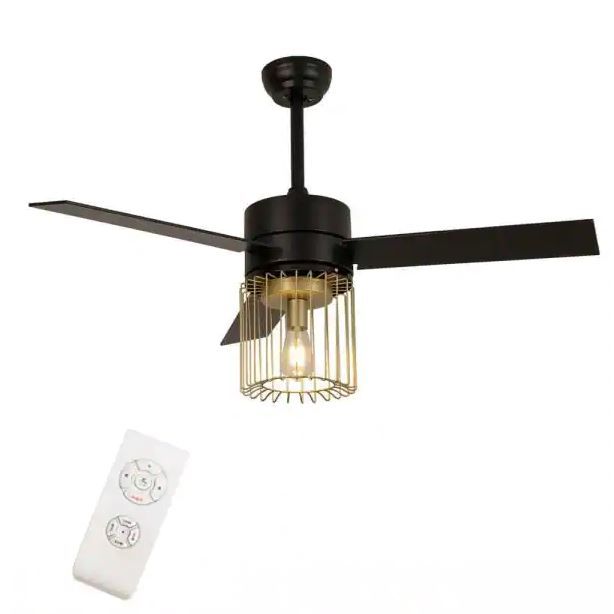 Photo 1 of 48 in. Indoor Rustic Metal Cage Lampshade Black Ceiling Fan Light with Remote
