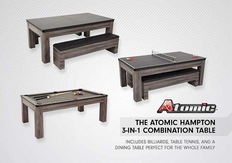 Photo 1 of Atomic 7' Hampton 3-in-1 Combination Table Includes Billiards, Table Tennis, and Dining Table with Dual Storage Bench Seating, Grey --BOX 2 OF 2.. BENCH TOPS. TABLE LEGS. POOL STICKS AND TABLE SUPPORTS-- MISSING BOX 1 OF 2... REST OF PRODUCT-- --INCOMPLET