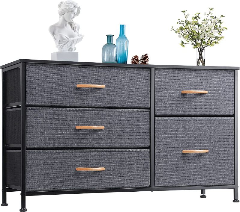 Photo 1 of Dresser for Bedroom with 5 Drawers, Storage Drawer Organizer, Wide Chest of Drawers for Closet, Clothes, Kids, Baby, TV Stand with Storage Drawers, Wood Board, Fabric Drawers (Black Grey)
