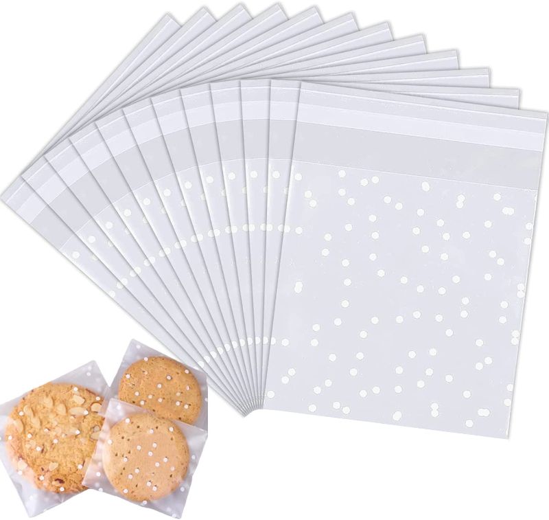 Photo 2 of 3 pack LINMAGCO 100 PCS 4.52"X4.52" White Polka Dot Treat Bags Self Adhesive Cookie Bags for Gift Giving Bakery Biscuit Chocolate Candies Dessert
