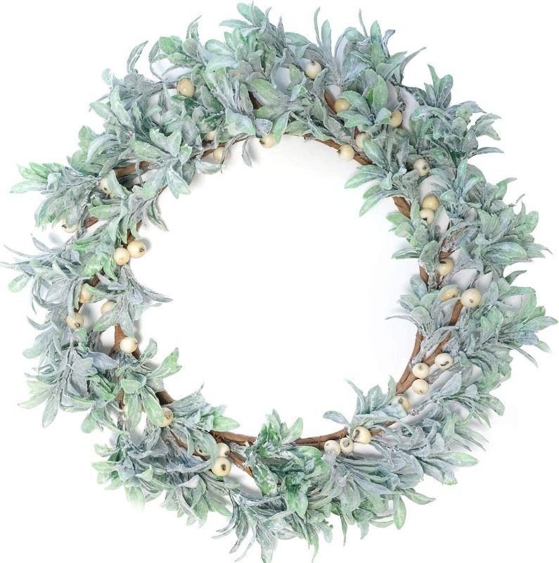 Photo 2 of Bibelot 12in Spring Summer Wreath Green Leaf Wreaths White Berry Wreaths for Front Door, Wall, Wedding,Windows,Table Chair Candelabra Decoration Decor All Seasons (12in)
