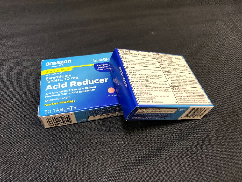 Photo 1 of  2 Pack Basic Care Original Strength Famotidine Tablets, 10 mg, Acid Reducer for Heartburn Relief, 30 Count BB:09-2022
